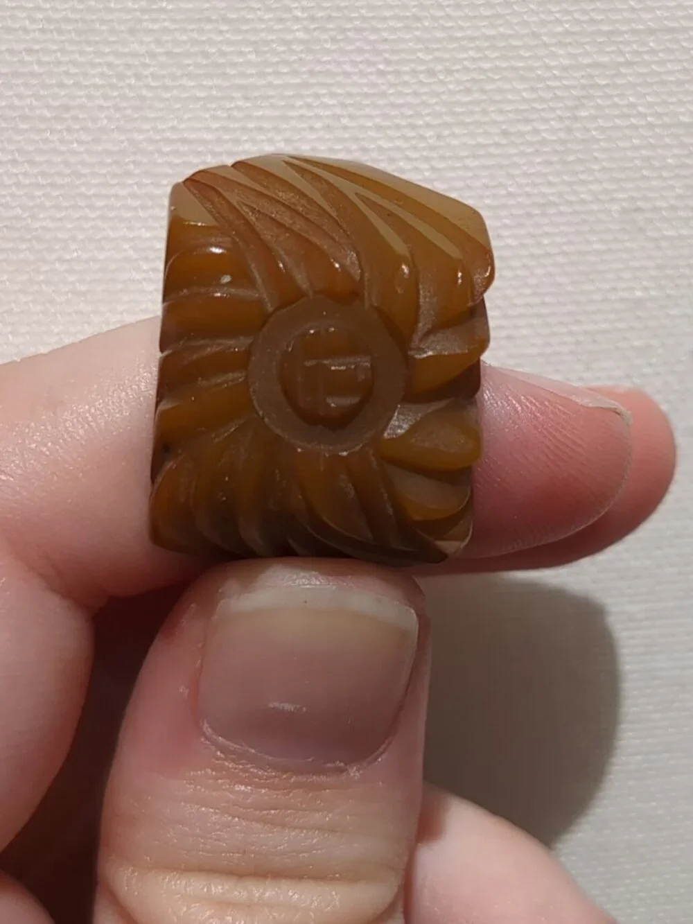 Vintage Carved Bakelite Ring • Butterscotch Olive • Art Deco • Tested Positive B